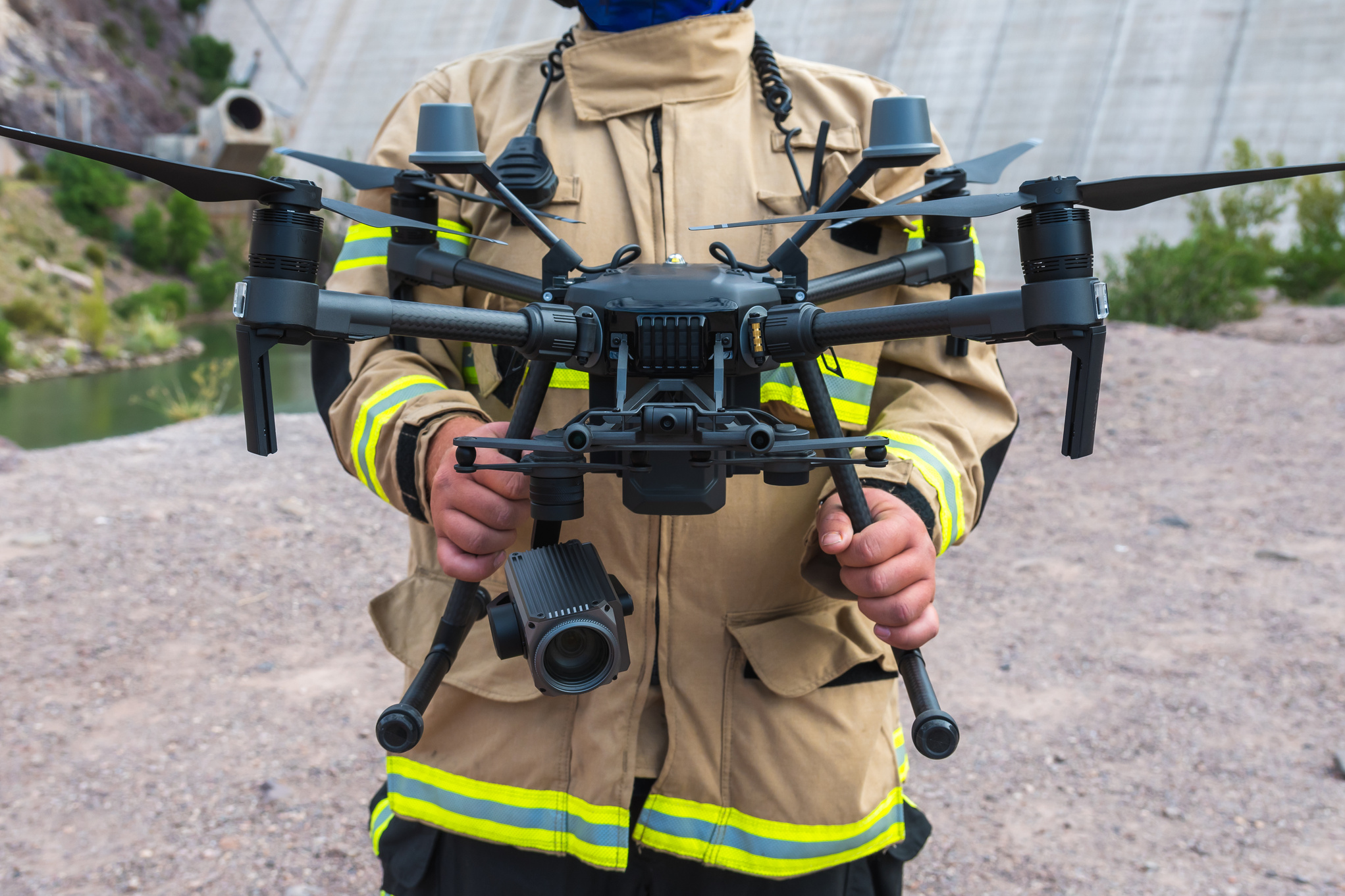 Firefighter Holding a Drone 